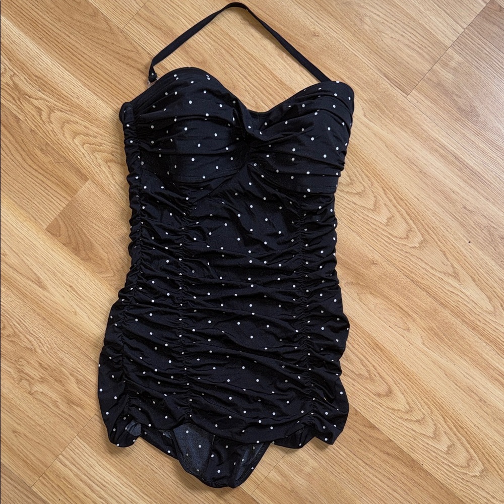 Vitamin A Black Ruched Swimsuit White Polka Dots Vintage Rockabilly Style Small